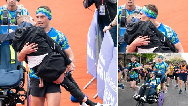 In an emotional moment, Kevin Sinfield stopped before the finish line at the inaugural Rob Burrow Leeds Marathon to carry his friend and former teammate over the line.