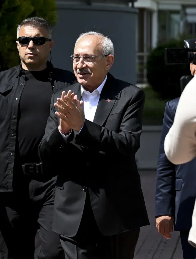 Republican People's Party (CHP) Kemal Kilicdaroglu leaves his home for the party's headquarters to follow the results on Sunday