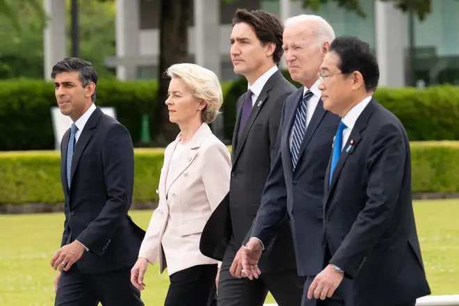 Rishi Sunak, European Commission President Ursula von der Leyen, Canadian Prime Minister Justin Trudeau, U.S. President Joe Biden and Japanese Prime Minister Fumio Kishida in Hiroshima