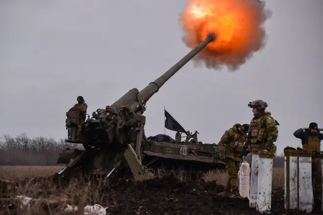 Ukrainian artillery teams fire Pions toward Russian positions in Bakhmut, February 5, 2023.