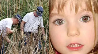 Metropolitan police searching grass lands in Portugal alongside a picture of Madeleine McCann showing off her eye mark