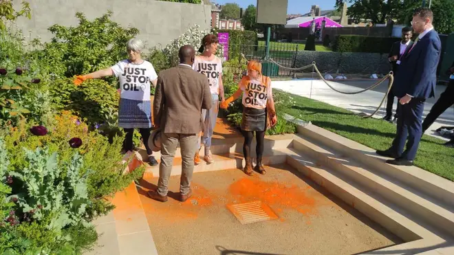 Just Stop Oil protesters targeted the Chelsea Flower Show in London on Thursday morning