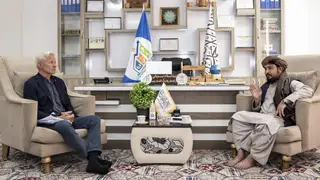 Jan Egeland, the secretary-general of the Norwegian Refugee Council, meets with the head of Kandahar’s Economy Directorate, Mawlawi Abdul Salam Baryali, in Kandahar