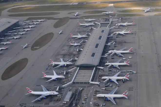Aerial view of planes parked up at Heathrow Terminal 5, 2014