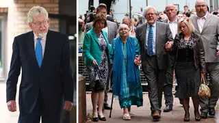 Rolf Harris (l) and with wife Alwen and daughter Bindi arriving at court for his trial (r)