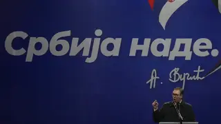 Aleksandar Vucic speaks during a major rally in Belgrade