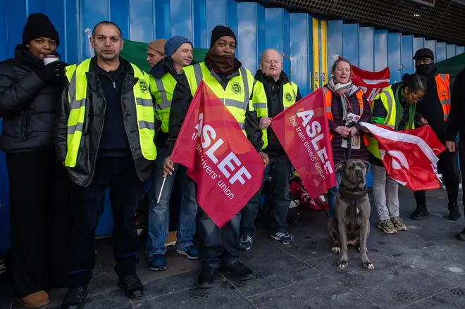 Members of RMT & ASLEF trade unions on a picket line at Brixton on March 15, 2023 in London, United Kingdom.