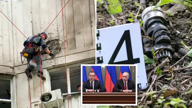 Buildings in Moscow were damaged by the Ukrainian drones. Inset, former Russian president Dmitry Medvedev and Vladimir Putin