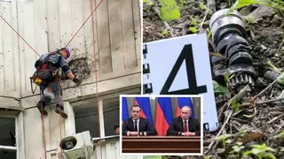 Buildings in Moscow were damaged by the Ukrainian drones. Inset, former Russian president Dmitry Medvedev and Vladimir Putin