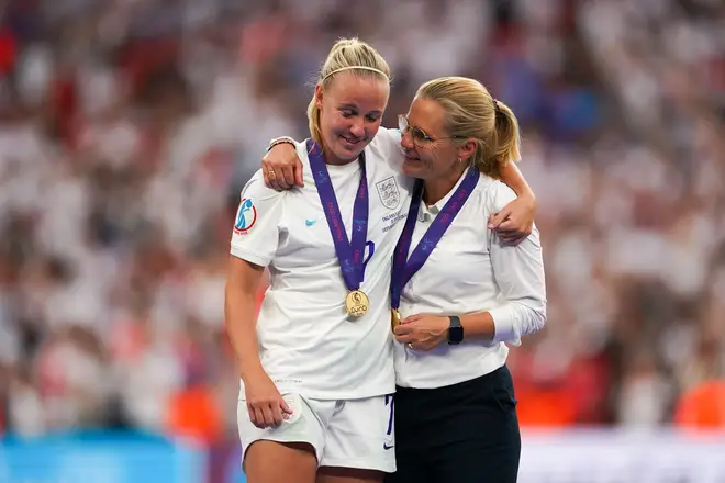 Beth Mead, pictured here with Sabrina Wiegman at last year's Euros, as the World Cup squad was announced