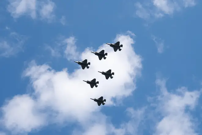 F-35B Lightning II jets during a rehearsal for the official coronation flypast, at RAF College Cranwell