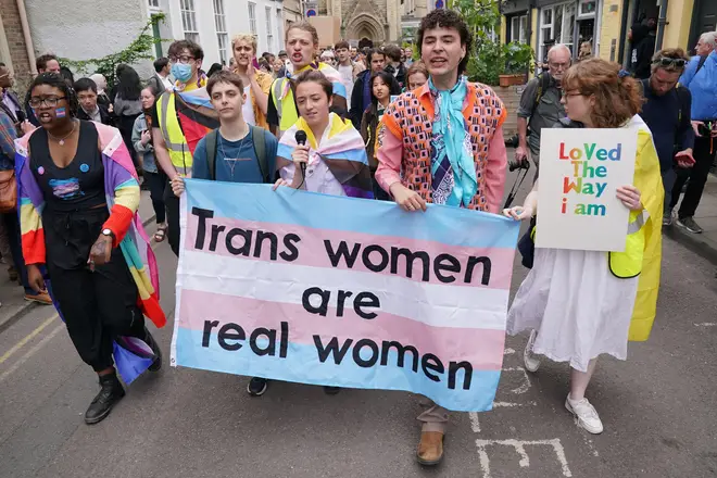 People protest in Oxford where Professor Kathleen Stock, who quit her job as a lecturer at the University of Sussex after being targeted by activists over her views on gender identity, spoke at the 200-year-old debating society, the Oxford Union