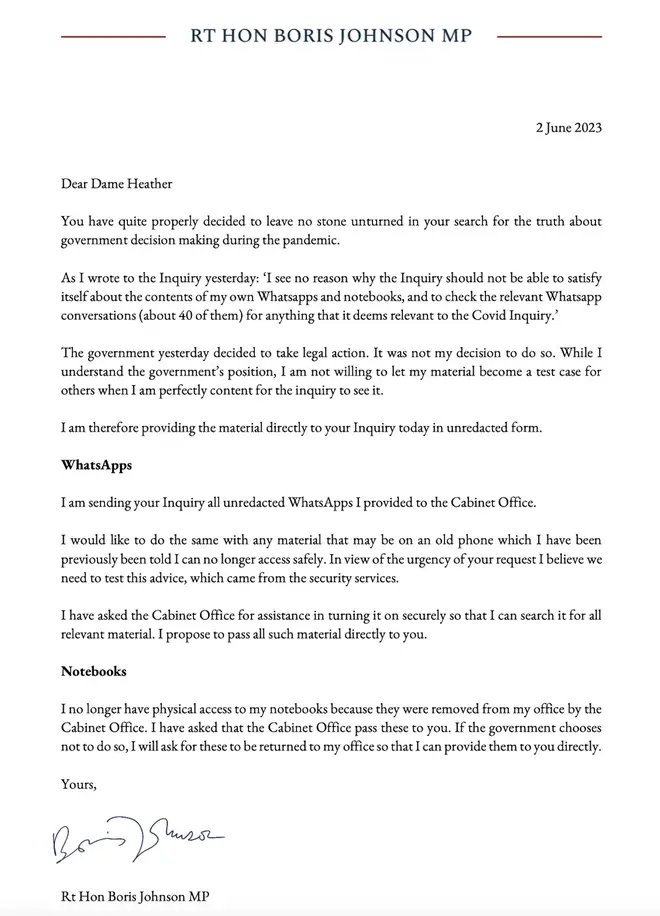 Boris Johnson's letter to Covid-19 inquiry chairwoman Baroness Hallett