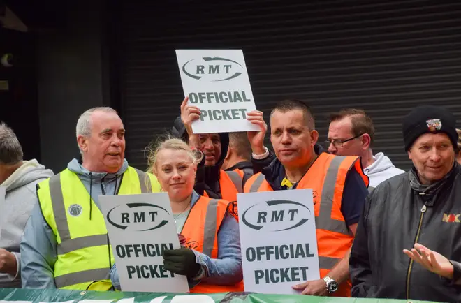 RMT members at the picket line outside Euston Station on June 2 as rail strikes continue in the UK over pay