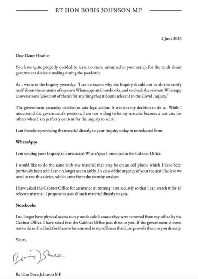 Boris Johnson's letter to Covid-19 inquiry chairwoman Baroness Hallett.