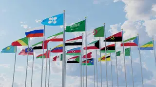 Flags of OPEC Plus countries, 23 countries ,Kingdom Saudi Arabia ,Algeria ,Angola Equatorial ,Guinea, Gabon, Iran ,Iraq ,Kuwait ,Libya ,Nigeria ,Repub