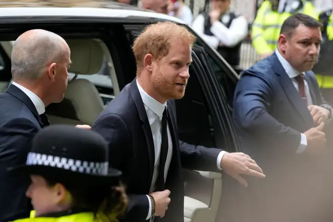 Prince Harry arriving for the phone hacking trial today