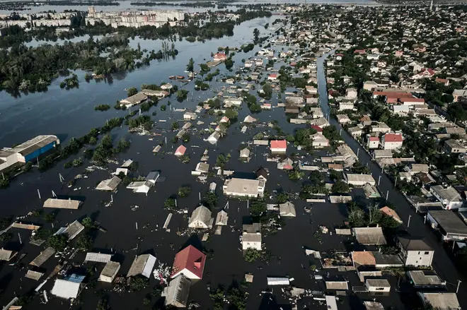 Streets are flooded in Kherson, Ukraine, Wednesday, June 7, 2023 after the Kakhovka dam was blown up