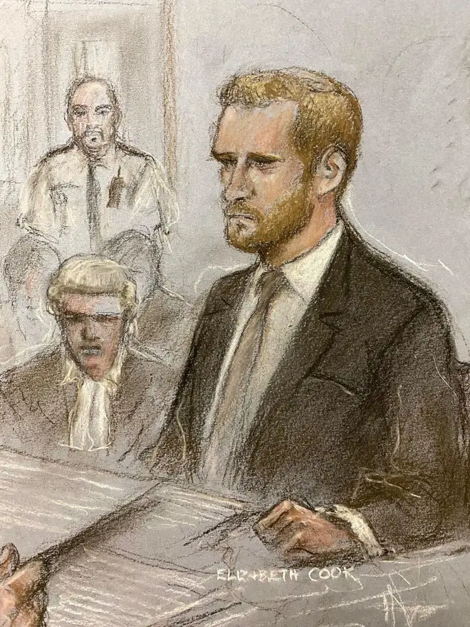 An artist's impression of Harry in court