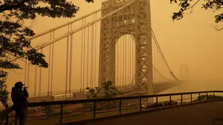 Bridge obscured by wildfire smoke