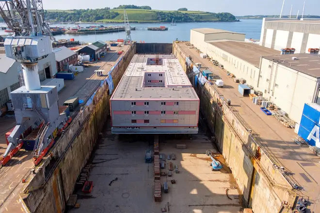 The Bibby Stockholm accommodation barge at Falmouth docks in Cornwall