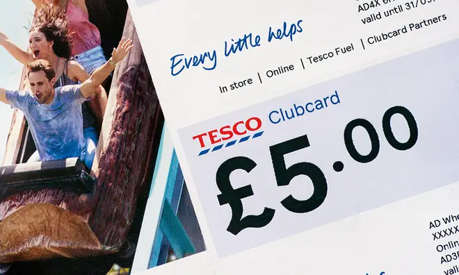 Tesco Clubcard vouchers pictured with a family on a log flume ride