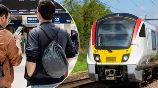 People looking for a train alongside a picture of a Greater Anglia train