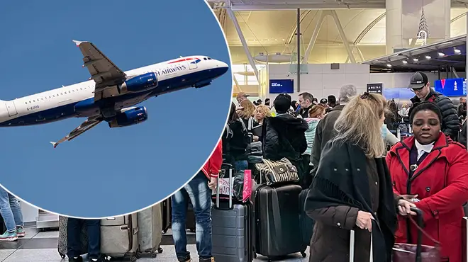 British Airways plane in the sky alongside a picture of a packed airport lounge