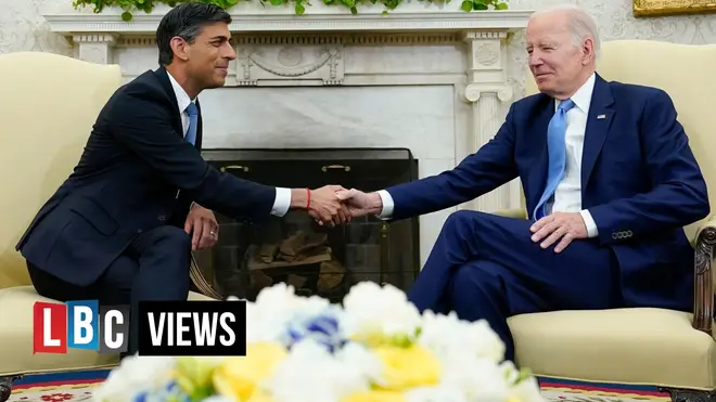 Joe Biden shakes hands with Rishi Sunak on his recent trip to the US