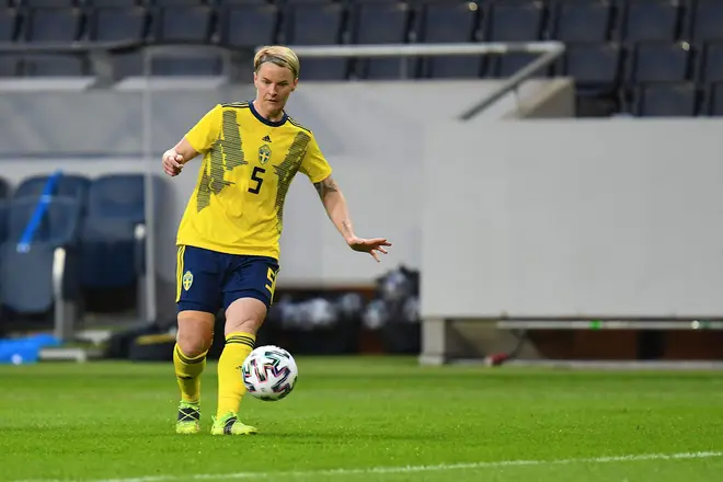 Nilla Fischer playing in a friendly between Sweden and the USA at Friends Arena in Stockholm in 2021