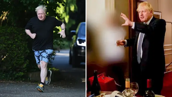 Boris Johnson pictured jogging this morning and right, at a gathering in Downing Street on November 13 2020