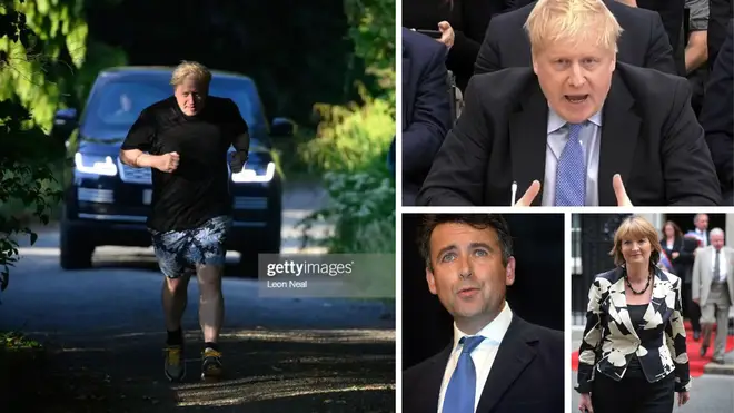 Boris Johnson jogging today (l) and in front of the privileges committee (top r). Bernard Jenkin (bottom l) and Harriet Harman (bottom r)