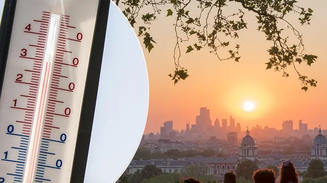 Temperature gauge alongside a picture of the sun setting over a hot London