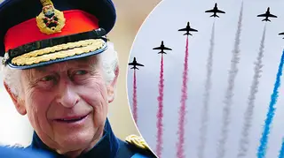 King Charles alongside a picture of the Red Arrows emitting red, white and blue smoke