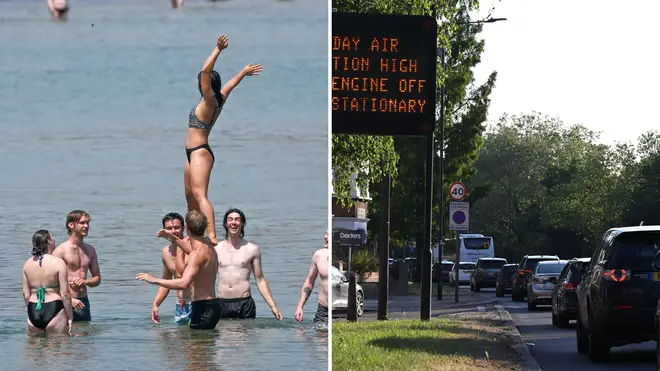 Sunseekers enjoy the sea at Weymouth beach, Dorset (L) and (R) motorists being advised to turn off their engines when idling in hot weather