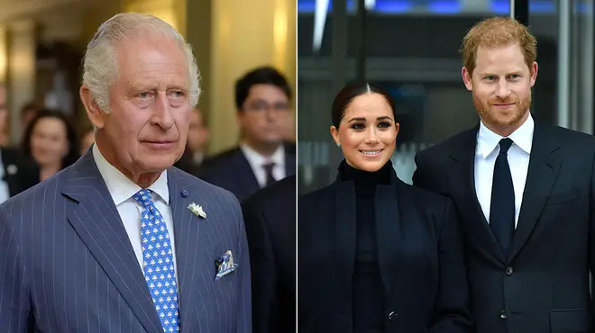 King Charles alongside picture of Prince Harry and Meghan Markle