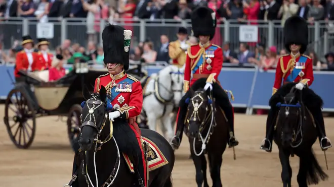 King Charles, Prince William, Prince of Wales, Prince Edward, Duke of Edinburgh on horseback during Trooping the Colour at Horse Guards Parade