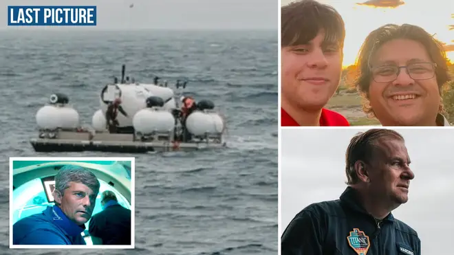The final picture of the sub before it went missing. Top right, Shahzada Dawood and son Suleman. Bottom right billionaire Hamish Harding. (Inset) OceanGate CEO Stockton Rush