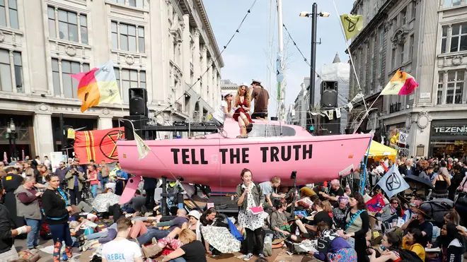 A pink yacht was brought to Oxford Circus during Extinction Rebellion protests in April