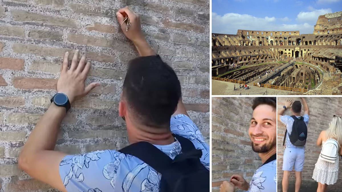 Rabbia a Roma dopo che un turista di lingua inglese è stato filmato mentre scolpiva “Evan + Hayley” in…