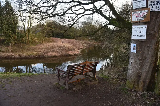 The bench where Nicola Bulley's phone was found, on the banks of the River Wyre in St Michael's on Wyre, Lancashire
