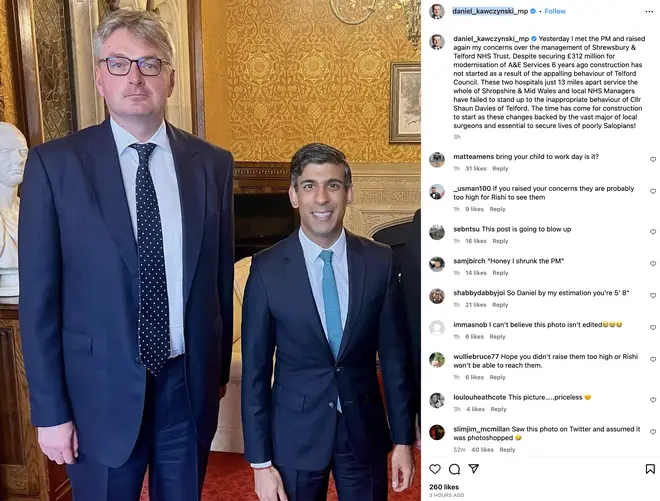 Daniel Kawczynski, the UK's tallest MP, posted the picture alongside Rishi Sunak