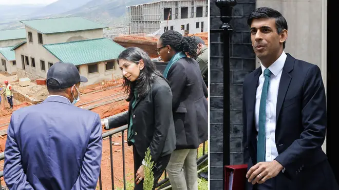 Home Secretary Suella Braverman visiting Rwanda in March and right, Rishi Sunak, who wants the court's decision to be challenged