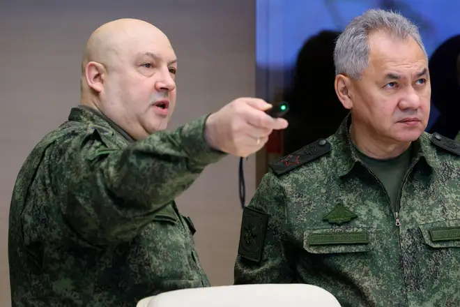Surovikin (L) is rumoured to have attempted to oust defence minister Sergei Shoigu (R)