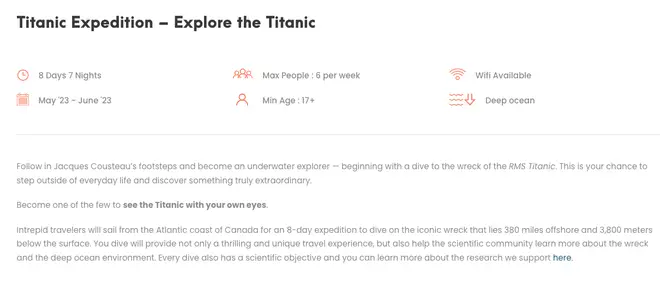 Advert for Explore the Titanic expedition on OceanGate Expeditions website