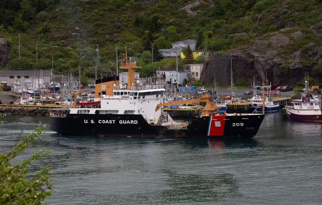 A US Coast Guard ship arrives in the harbour of St. John‚Äôs N.L. on Wednesday, June 28, 2023, following the arrival of the ship Horizon Arctic carrying debris from the Titan submersible.