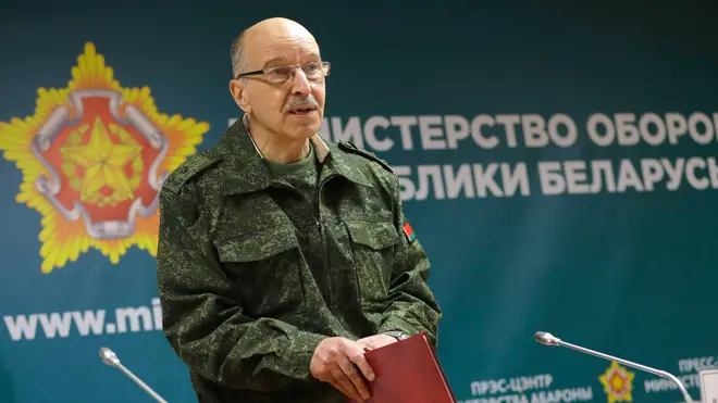 The official representative of the Belarusian Ministry of Defense Colonel Vladimir Makarov, addresses the media during a briefing in Minsk, Belarus, Thursday, Sept. 14, 2017. (AP Photo/Sergei Grits)