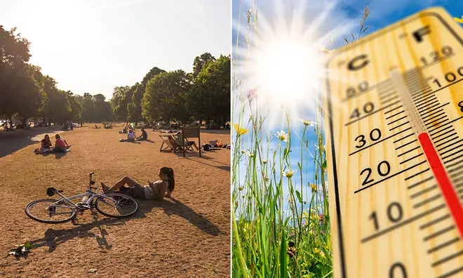Hot summer pictures of a dried our park with people sunbathing alongside a picture of a thermometer