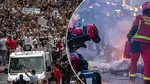 French riots in the streets and pictures of fire fighters putting out flames
