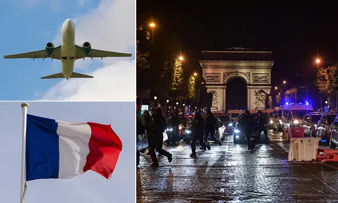 An aeroplane above a french flag alongside the Arc De triumph at nightfall surrounded by police and riots